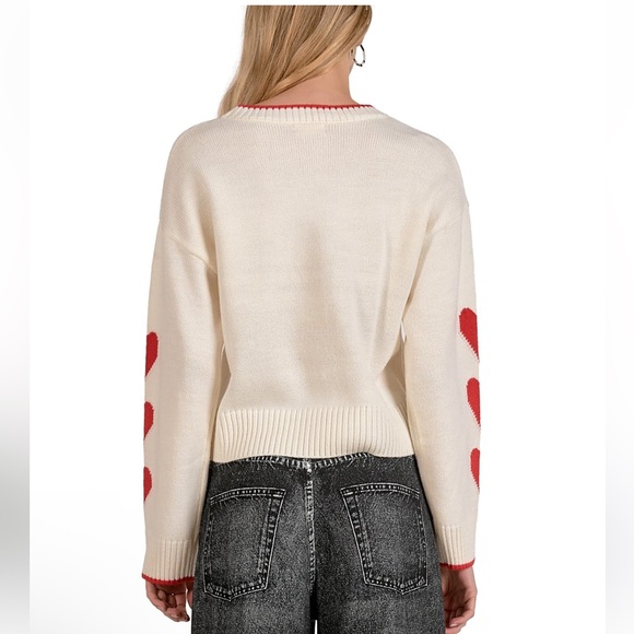 NWT Elan Heart Sleeve Crewneck Sweater Small Ivory Red Heart Knit - Picture 3 of 5